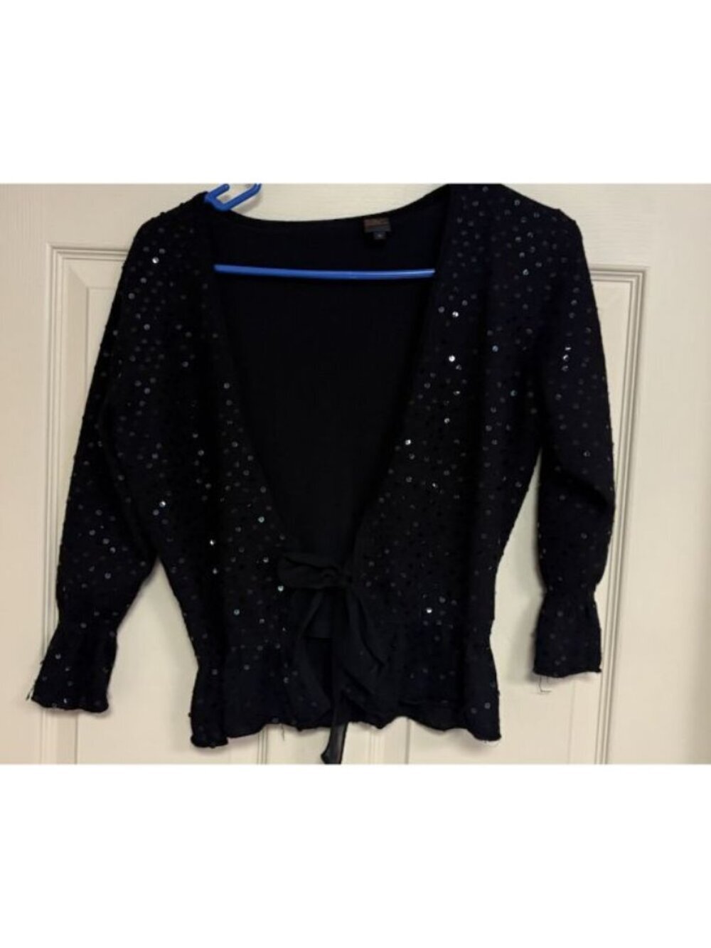 Vtg Silk Cashmere Black Sequin Tie Front Evening Jacket Long Sleeve Size Medium